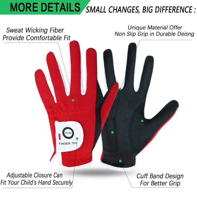 FINGER TEN Golf Gloves Junior Kids Youth Toddler Boys Girls Left Hand Right Hand Dura Feel White Blue Red Yellow Golf Glove Extra Value 2 Pack Age 4-11 Years Old (Small(Age 2-4) Red, Worn on Left Hand) - Image 2